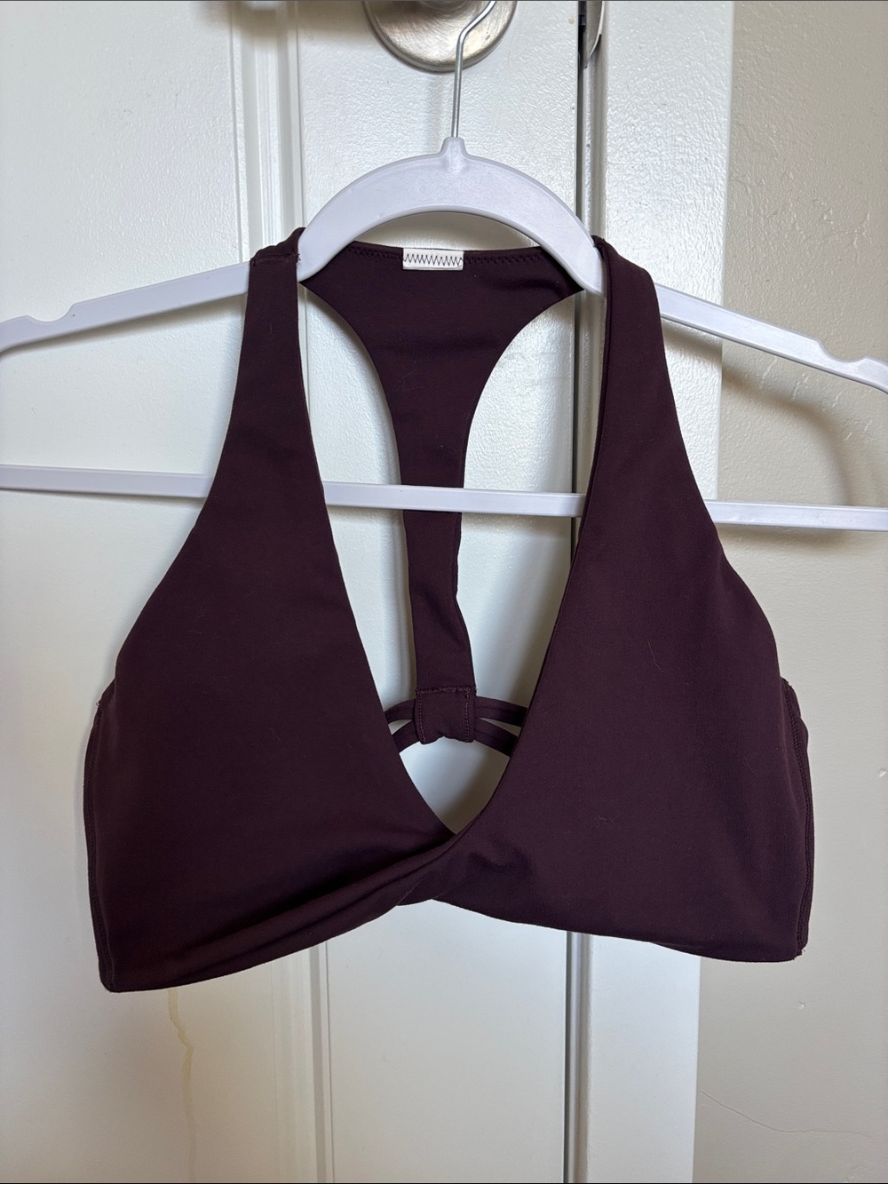 Fabletics PureLuxe Plunge Low Impact Sports Bra in Oxblood